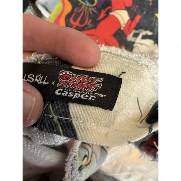 Dolls Kill x Hot Stuff Casper Patchwork Wide Leg Jeans Y2K Cartoon S 15in Rare - Picture 7 of 10